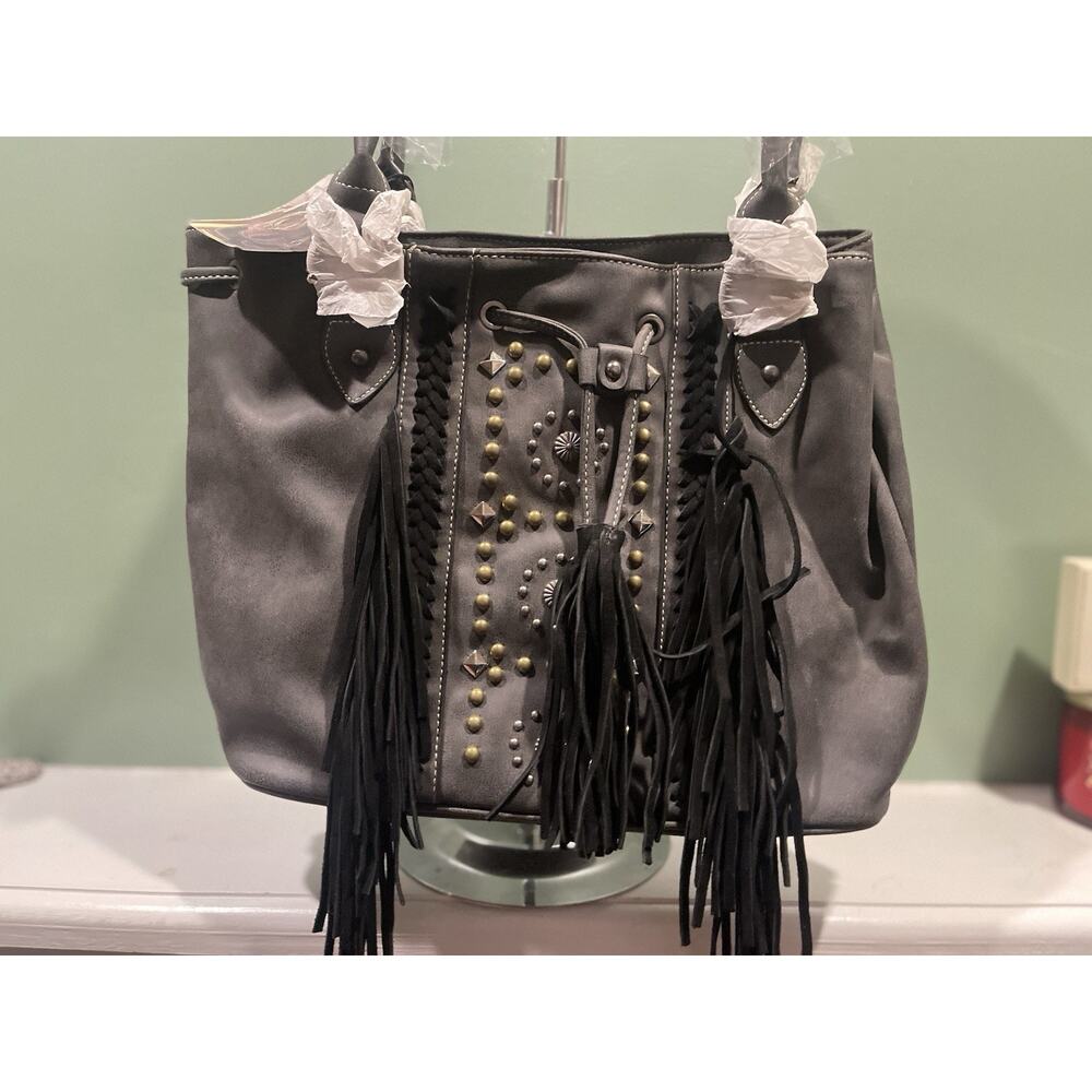 Montana West MW717-8275 Gray Purse w/ Black Tassel Accents